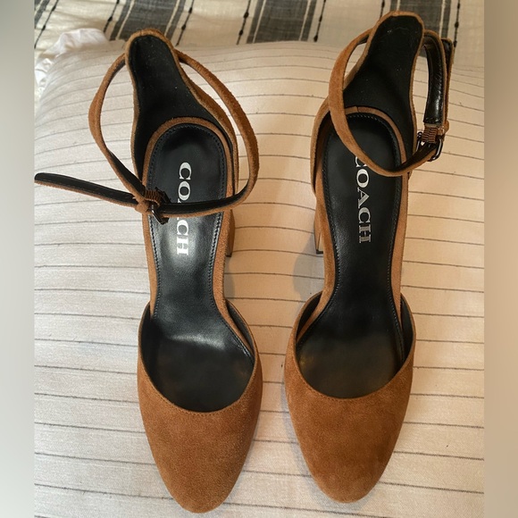 Coach Chrystie Platform Heel, Tan Brown Suede Ankle strap - Picture 4 of 6